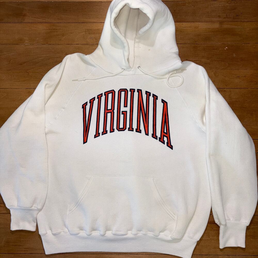 VTG 80s University of Virginia Soffe Weave Hoodie Sweatshirt White Arch Logo